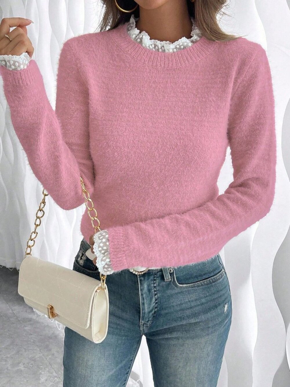 Pink Casual Women's Stand Collar Slim Fit Pullovers - Picture 4 of 6